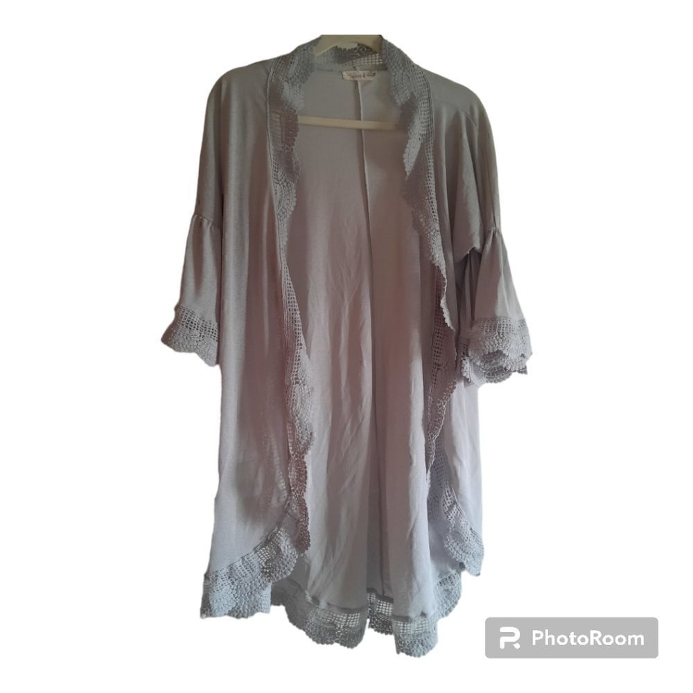 Spadehill Lace Trim Bell Sleeve Coverup Open Cardigan Robe
